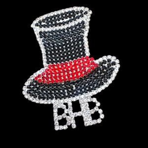 Massive rhinestone Top Hat pin - black red and clear, BHB
